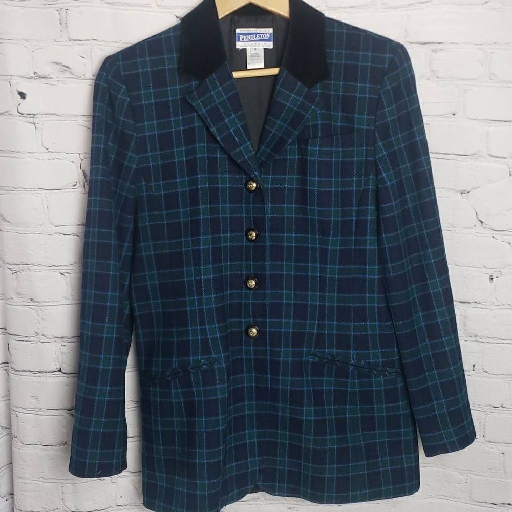 Vintage Women Pendleton Green and Blue Plaid Jacket - Picture 2 of 10